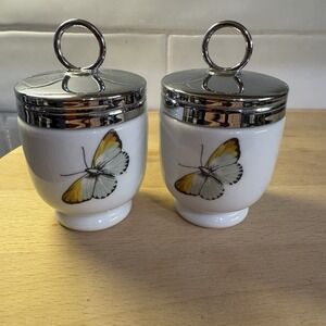 Royal Worcester Fine Porcelain Egg Coddlers 2 Vintage Butterfly Flower England
